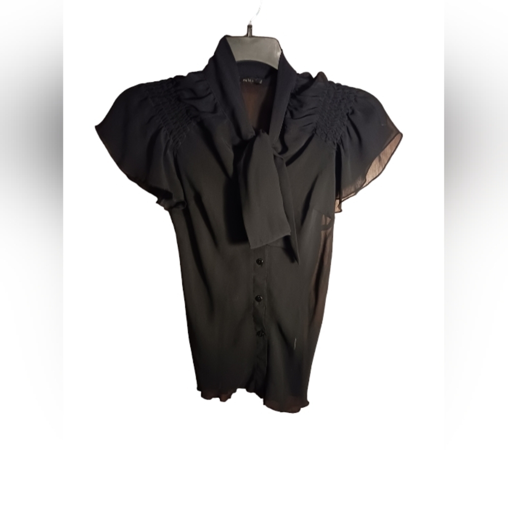 Millau Black Chiffon Flounce  Sleeve  Button Down Blouse Ladies Small Romantic